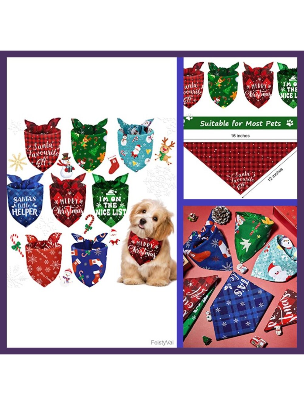 8 Pc Christmas Dog Bandanas Buffalo Plaid Polyester Small Puppy Cat